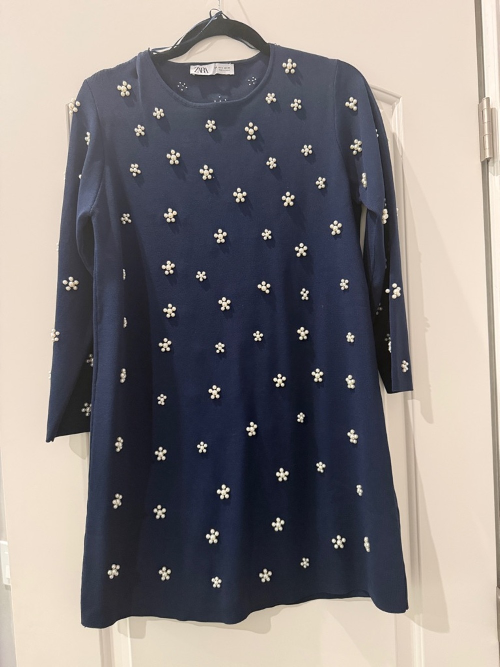 Zara Navy Dress with Pearl Flower Appliqués